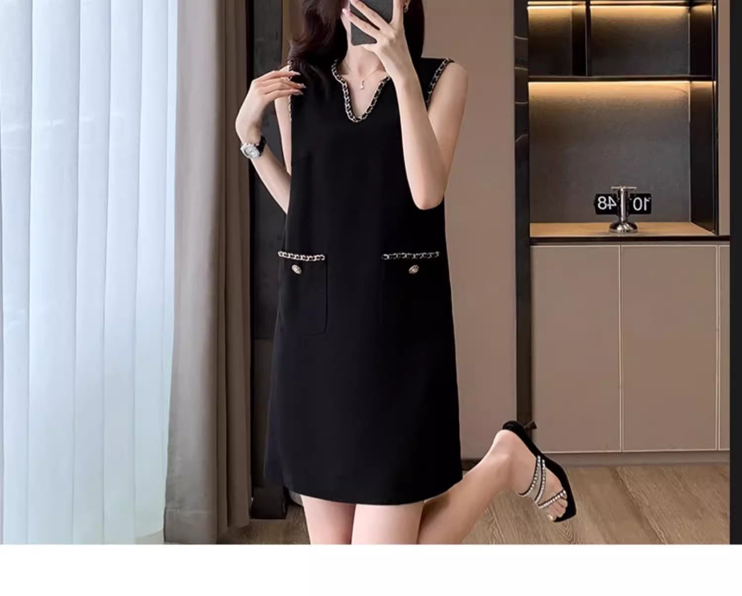 검정색 작은 샤넬 스타일 고급 센스 여성 드레스 여름 2026 새로운 프랑스식 민소매 조끼 그는 벤 바람 니트 원피스 상세 이미지 6