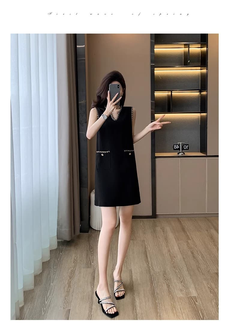 검정색 작은 샤넬 스타일 고급 센스 여성 드레스 여름 2026 새로운 프랑스식 민소매 조끼 그는 벤 바람 니트 원피스 상세 이미지 10