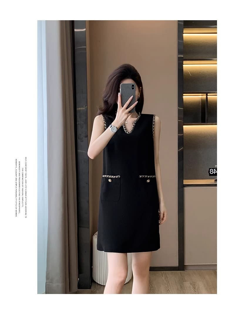 검정색 작은 샤넬 스타일 고급 센스 여성 드레스 여름 2026 새로운 프랑스식 민소매 조끼 그는 벤 바람 니트 원피스 상세 이미지 12