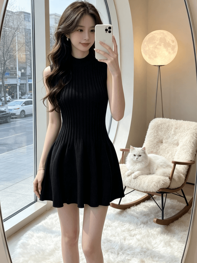 2026 년 그는 벤 바람 단색 허리 수축 라운드 넥 민소매 여성 드레스 여름 품격 미니멀리즘 슬림해 보이는 작은 검은 드레스 이미지 4