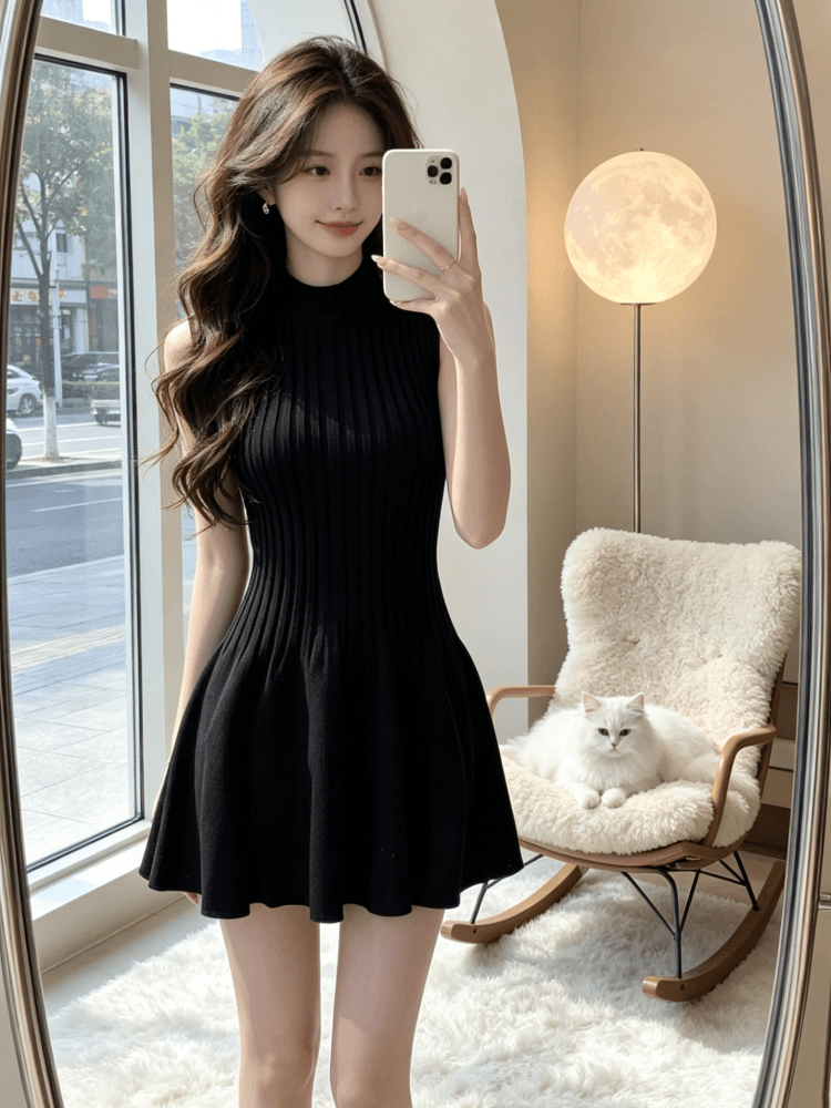 2026 년 그는 벤 바람 단색 허리 수축 라운드 넥 민소매 여성 드레스 여름 품격 미니멀리즘 슬림해 보이는 작은 검은 드레스 상세 이미지 8