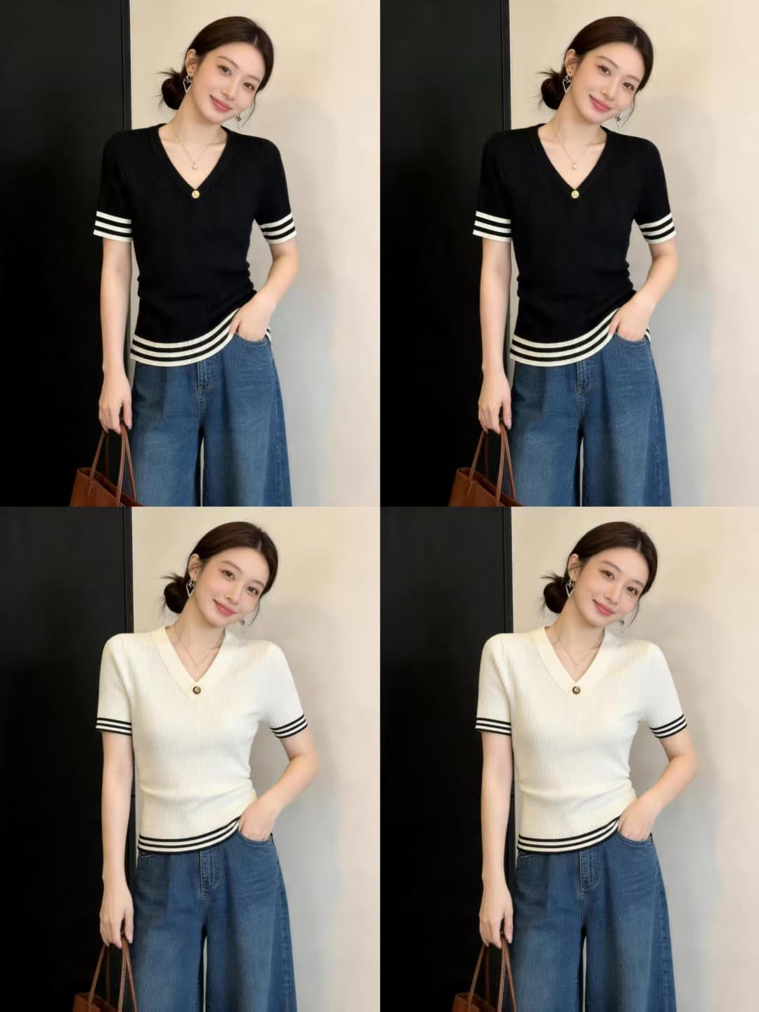 배색 스트라이프 단추 V넥 니트 스웨터 반팔 여성 여름 마이크로 지방 빅 사이즈 몸매 가꾸기 슬림해 보이는 절묘한 고유 한 맨위 상세 이미지 7