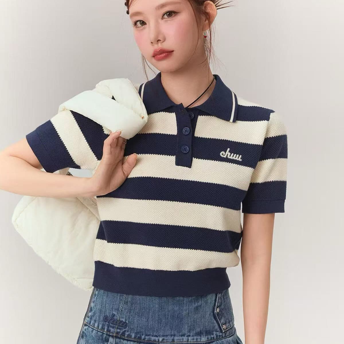 학원 스타일 스트라이프 반팔 니트 스웨터 여성 2026 여름 새로운 디자인 센스 POLO 칼라 레트로 miu 첨부 된 의류 상세 이미지 4