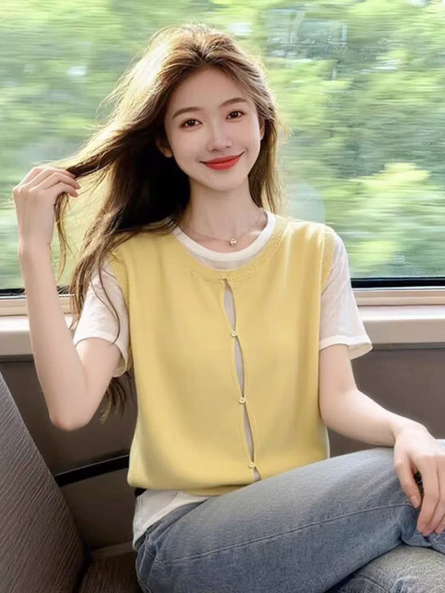 rare she 봄 배색 패치워크 페이크 레이어드 니트 스웨터 여성 한 부서 베스트 반팔 티셔츠 스택 착용 맨위 상세 이미지 2