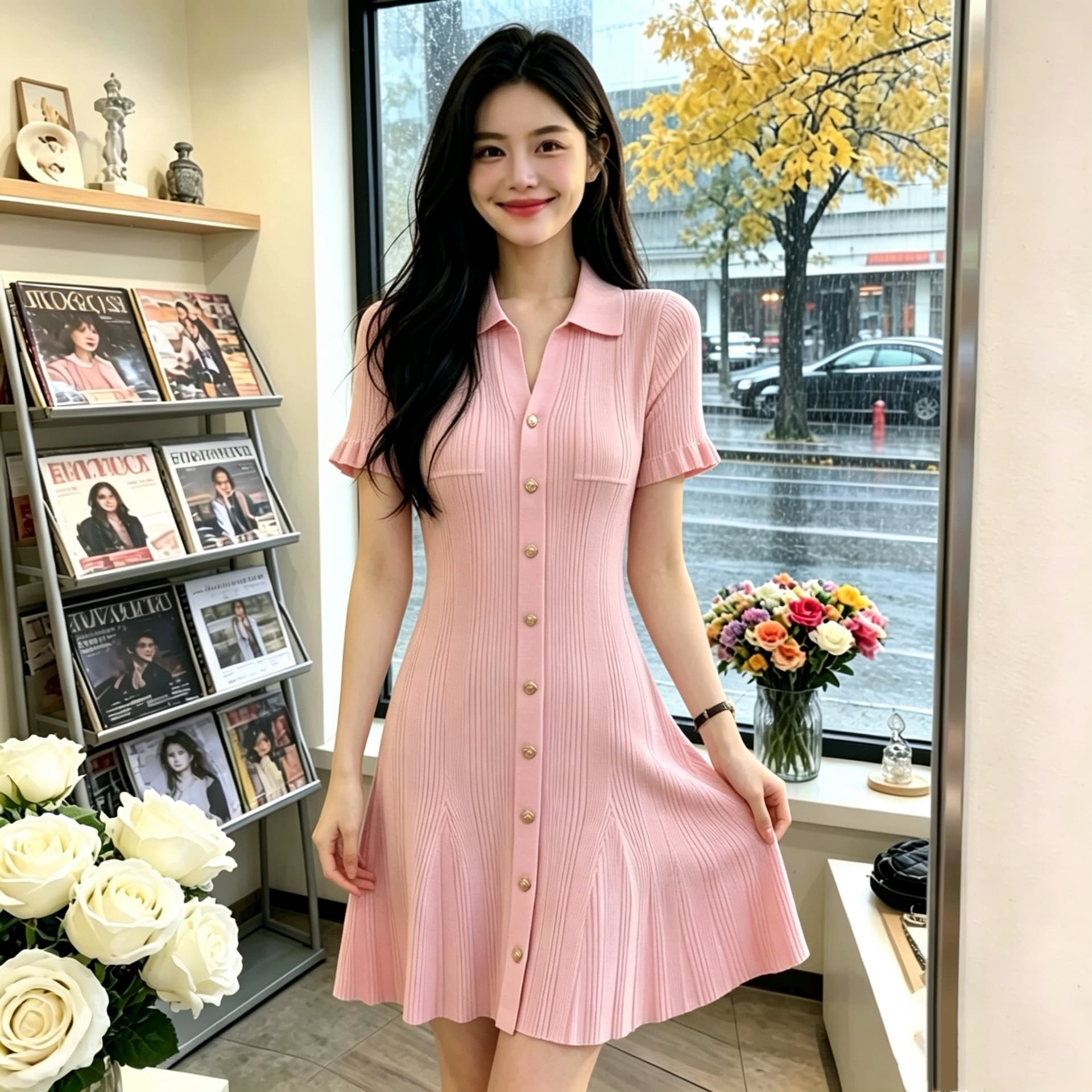 2026 년 여름 새로운 여성 빛 럭셔리 바람 POLO 칼라 니트 드레스 여성용 짧은 소매 허리 수축 슬림해 보이는 품격 치마 상세 이미지 1