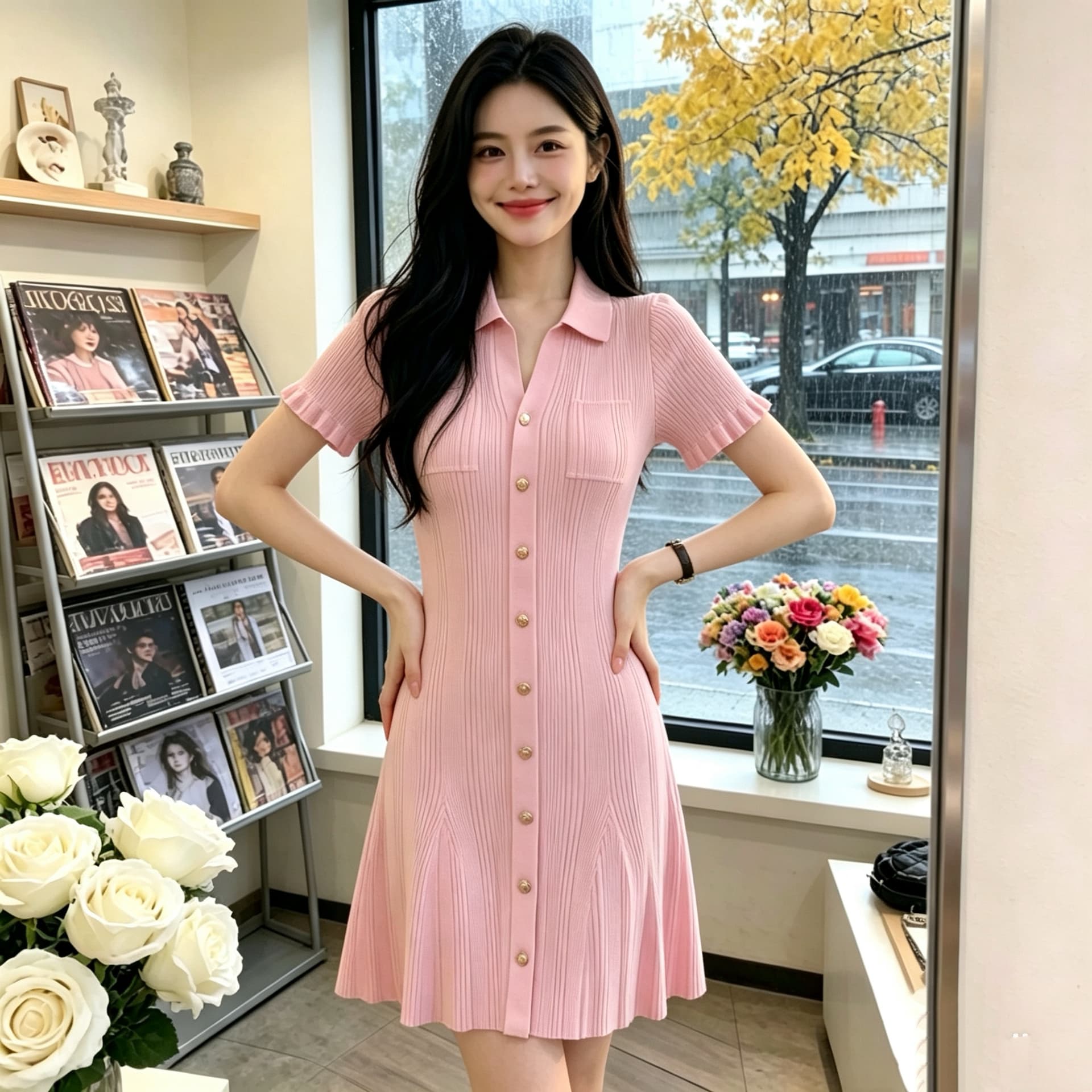 2026 년 여름 새로운 여성 빛 럭셔리 바람 POLO 칼라 니트 드레스 여성용 짧은 소매 허리 수축 슬림해 보이는 품격 치마 상세 이미지 6