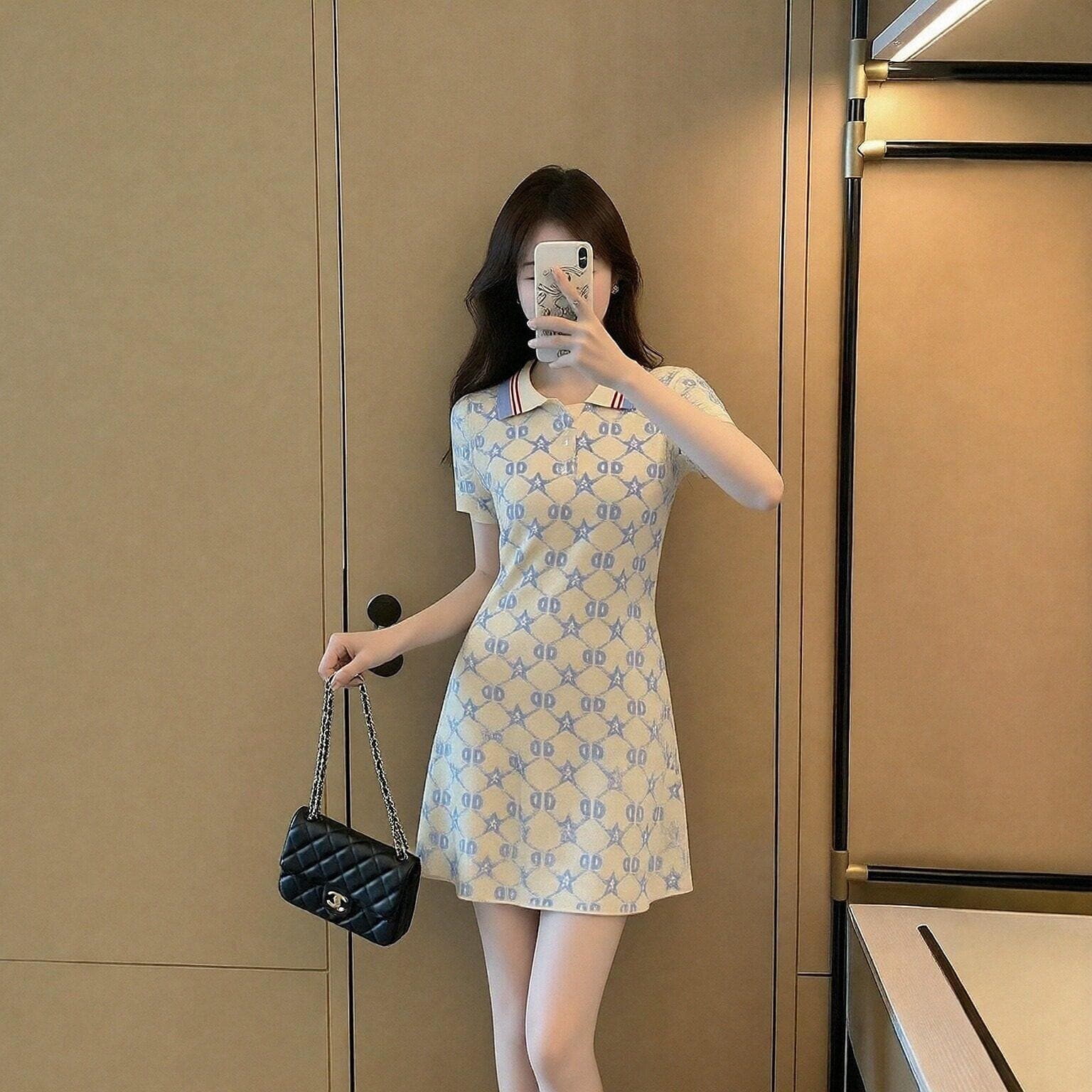 한국 품격 polo 폴로 칼라 부드러운 숙녀 학원 작은 샤넬 스타일 얼음 실크 드레스 프랑스식 패션 캐주얼 ol 치마 상세 이미지 2