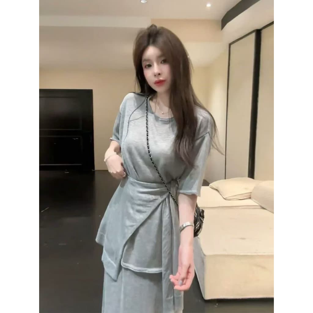 huihui 새로운 느긋한 바람 루즈핏 반팔 맨위 가져 가라. 반신 스커트 세 조각 세트 이미지 5