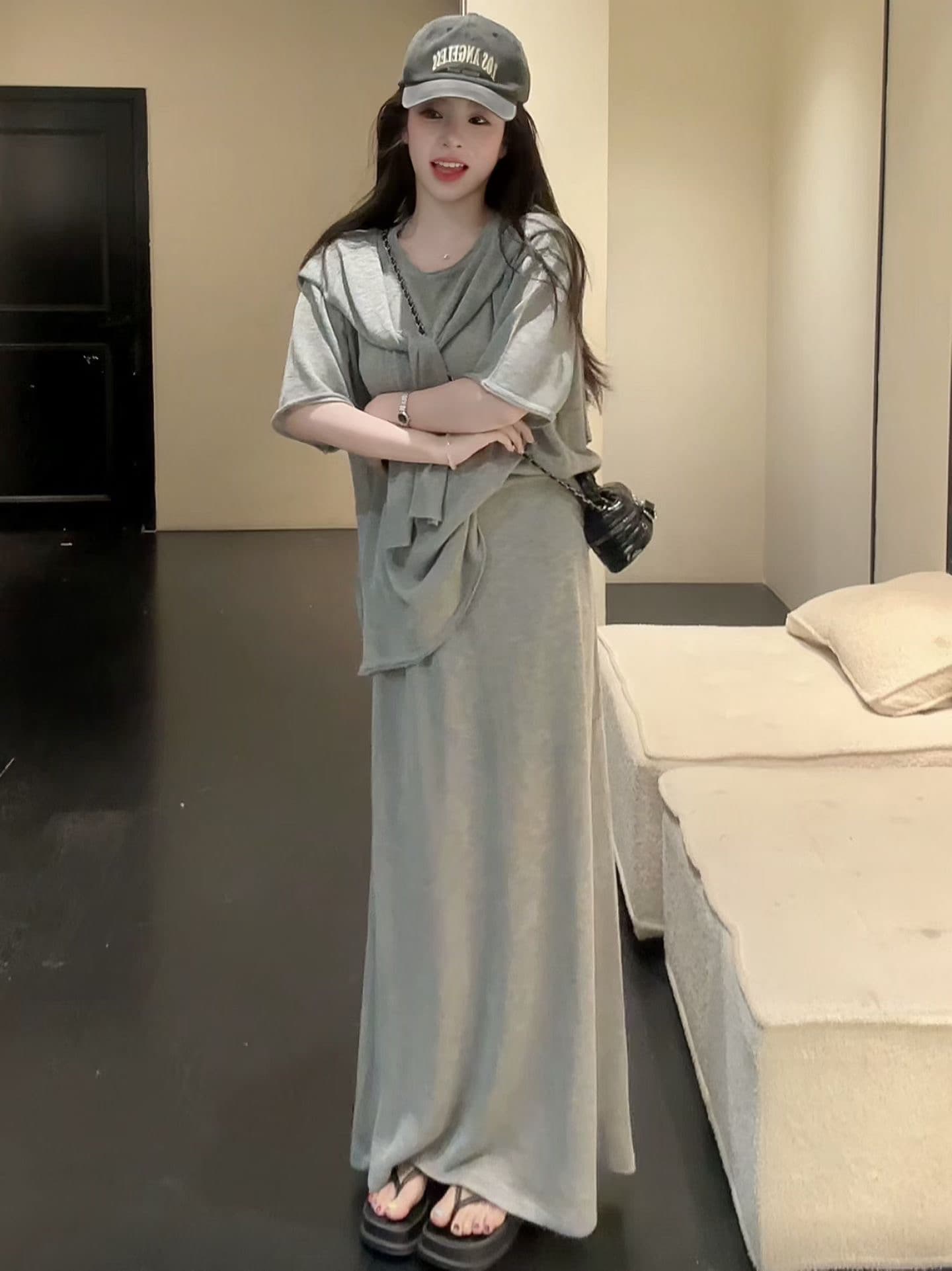 huihui 새로운 느긋한 바람 루즈핏 반팔 맨위 가져 가라. 반신 스커트 세 조각 세트 상세 이미지 2