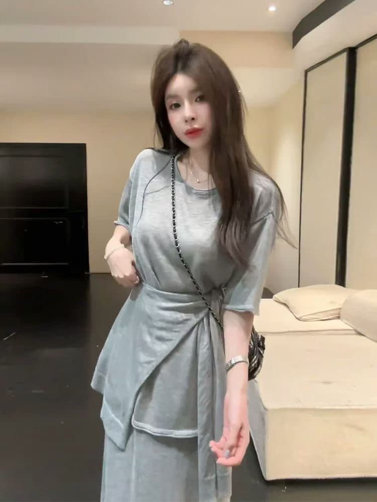 huihui 새로운 느긋한 바람 루즈핏 반팔 맨위 가져 가라. 반신 스커트 세 조각 세트 상세 이미지 10