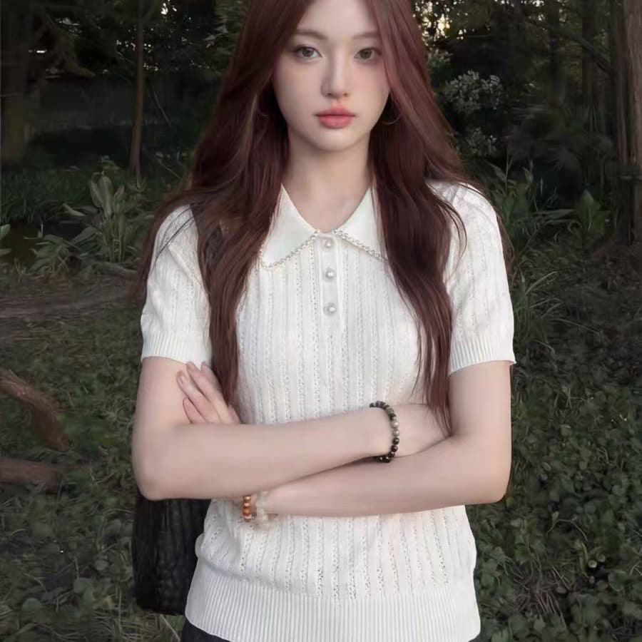 한 부서 무거운 작업 다이아몬드 세팅 POLO 칼라 반팔 니트 스웨터 여성 2026 여름 자이언트 잘 생긴 아름다운 맨위 상세 이미지 4