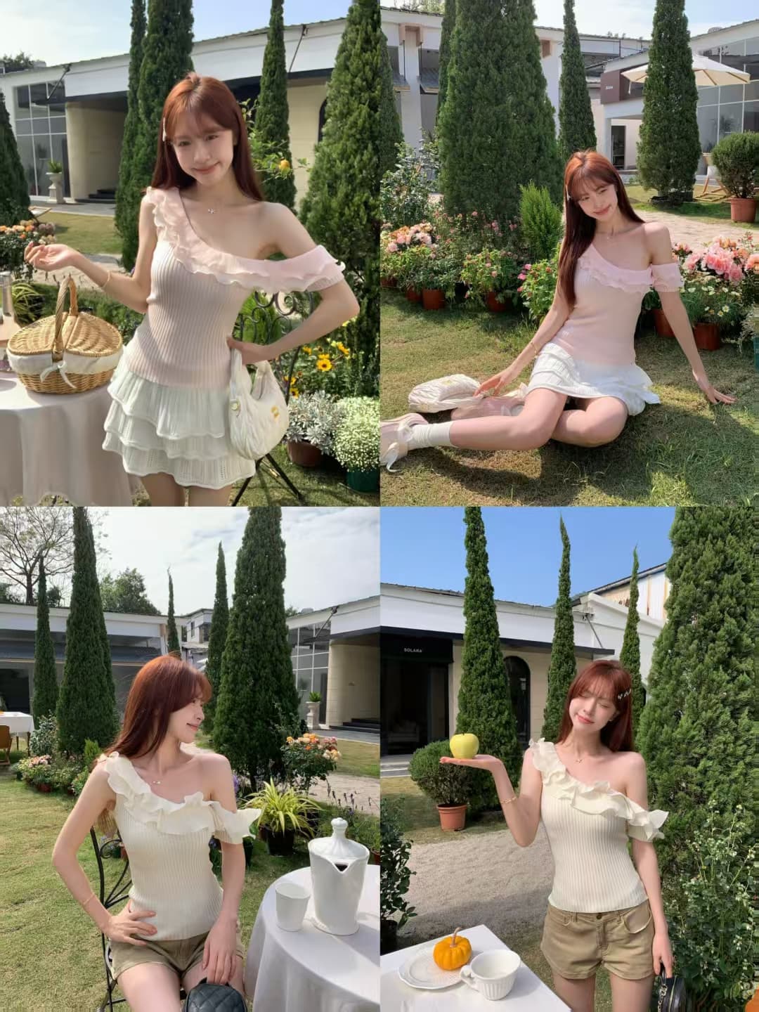 핫걸 비스듬한 어깨 니트 캐미솔 여름 프릴 몸매 가꾸기 슬림해 보이는 쇼트 스타일 민소매 상세 이미지 6