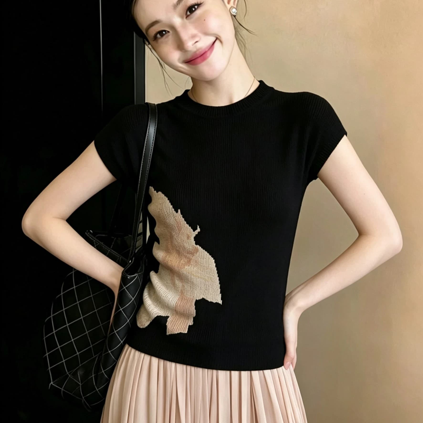 한 부서 레트로 캐주얼 바람 꽃 프린트 반팔 니트 스웨터 여성 여름 새로운 몸매 가꾸기 슬림해 보이는 디자인 센스 맨위 이미지 5