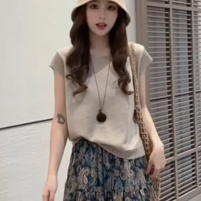 한 부서 미니멀리즘 바람 커피 색상 얼음 실크 작은 날다 소매 짠 셔츠 여성 2026 여름 새로운 얇고 가벼운 통기성 반팔 맨위 이미지 5