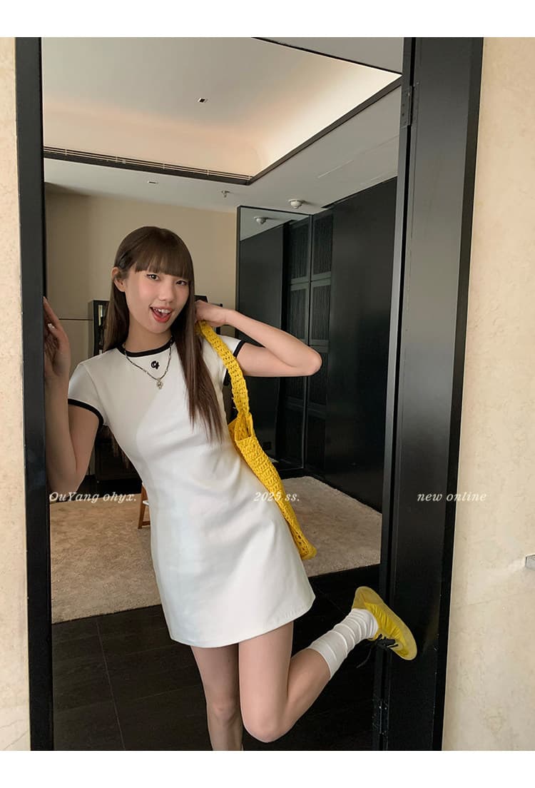 지구 Ouyang 반팔 얼음 실크 ol 드레스 허리 수축 슬림해 보이는 배색 자수 몸매 가꾸기 테니스 야구 유니폼 A라인 스커트 상세 이미지 43