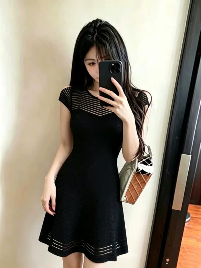 프랑스식 빛 럭셔리 품격 명문 여성 작은 샤넬 스타일 시스루 홀로우 아웃 반팔 작은 드레스 치마 드레스 플리츠 한 마디 미니 스커트 상세 이미지 6