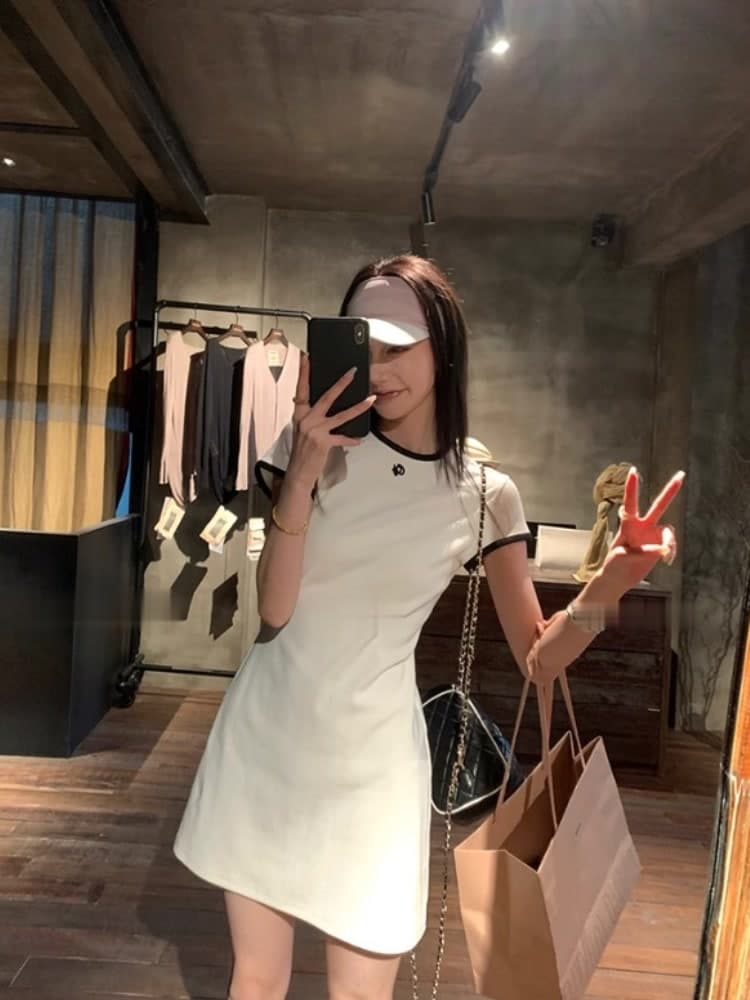 지구 Ouyang 반팔 얼음 실크 ol 드레스 허리 수축 슬림해 보이는 배색 자수 몸매 가꾸기 테니스 야구 유니폼 A라인 스커트 이미지 3