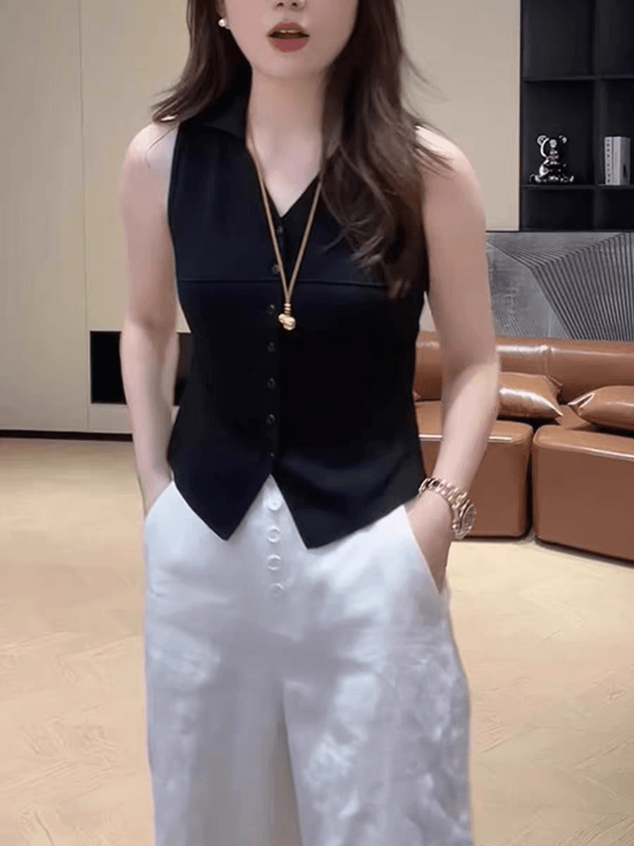 부드러운 바람 POLO 칼라 민소매 파란색 니트 조끼 여성 여름 새로운 달콤함 슬림해 보이는 맨위 이미지 2