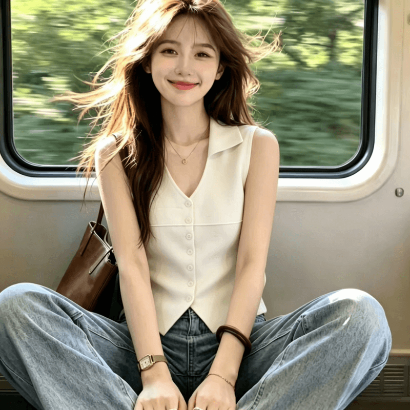 부드러운 바람 POLO 칼라 민소매 파란색 니트 조끼 여성 여름 새로운 달콤함 슬림해 보이는 맨위 상세 이미지 3