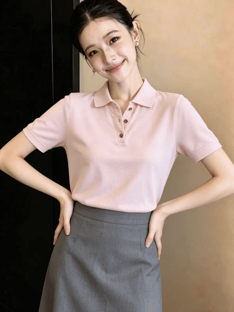 핑크색 폴로 칼라 얼음 실크 반팔 티셔츠 여자 2026 새로운 여름 몸매 가꾸기 슬림해 보이는 다용도 품격 니트 맨위 이미지 3