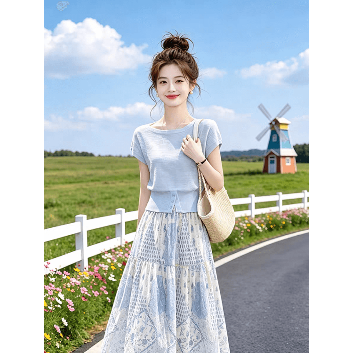 파란색 루즈핏 작은 날다 소매 티셔츠 여성 2026 새로운 여름 아름다운 장난기 넘치는 작은 맨위 품격 빛 요리 한 바람 착용 가져 가라. 이미지 5