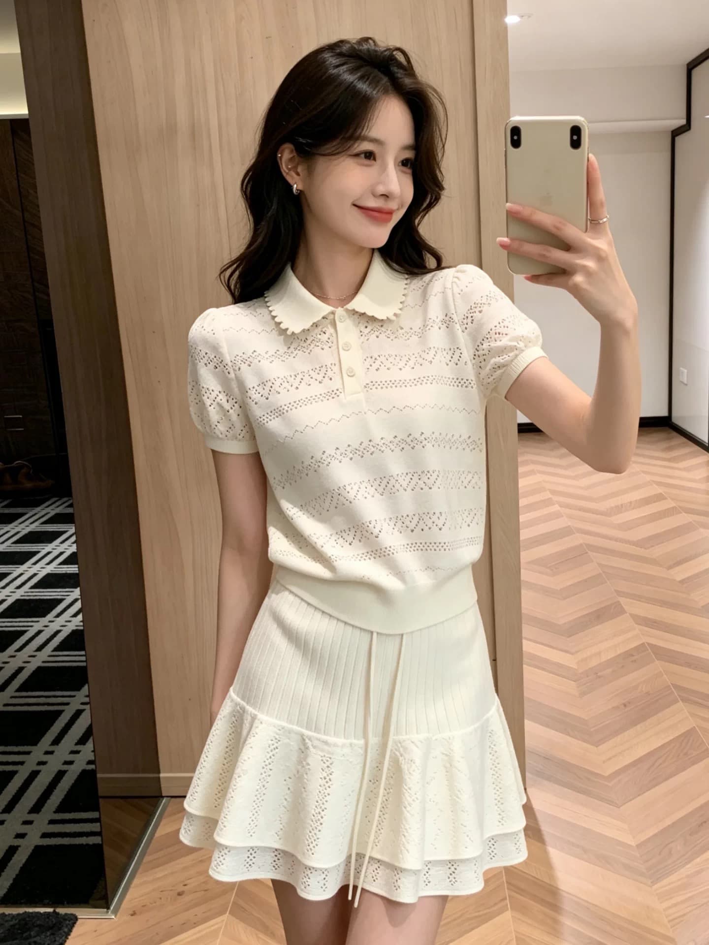 2026 년 여름 새로운 여성 프랑스식 작은 폴로 칼라 홀로우 아웃 니트 세트 여성 여름 슬림해 보이는 착용 가져 가라. 아름다운 투피스 세트 상세 이미지 4