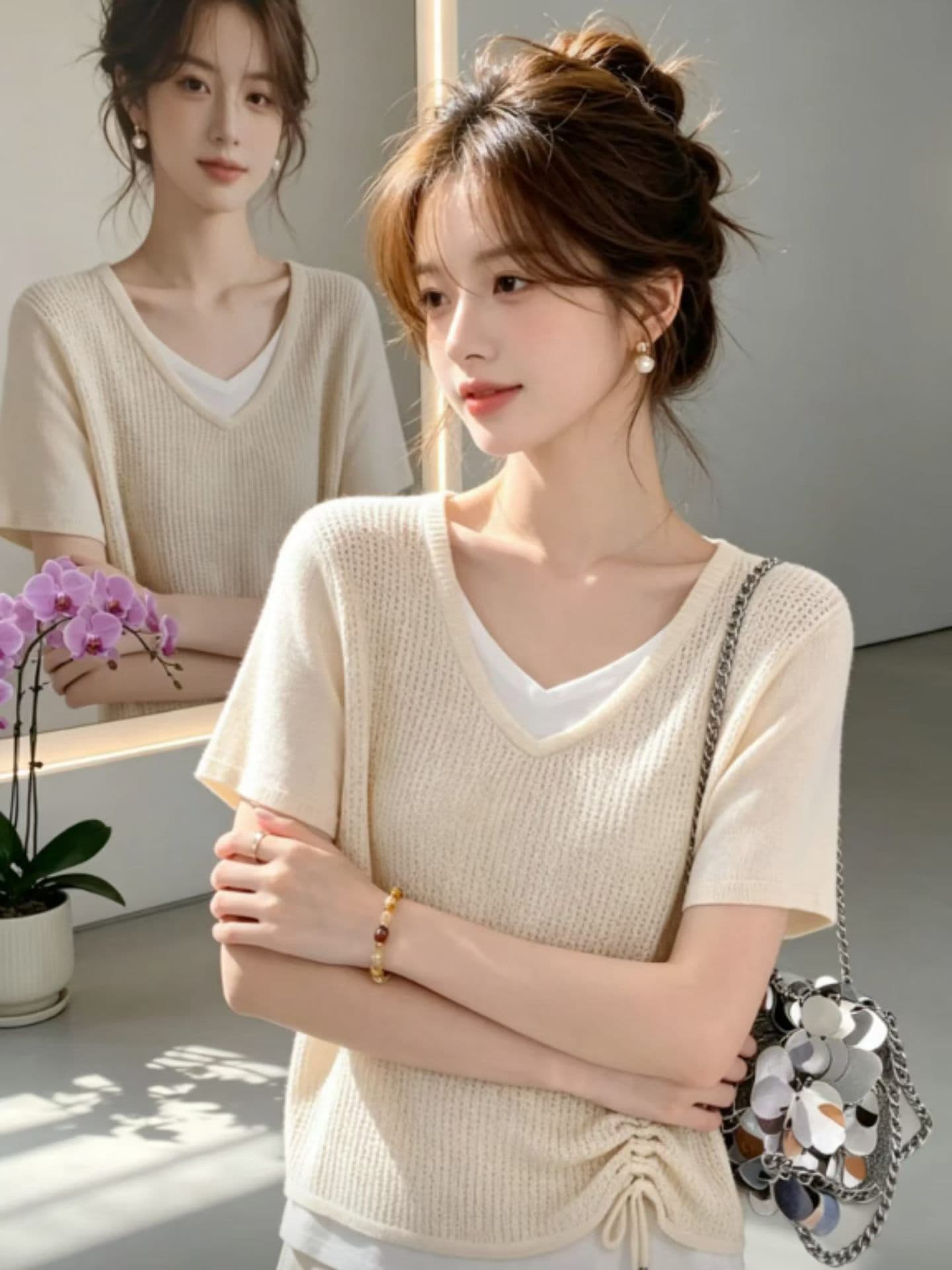 유럽 상품 페이크 레이어드 패치워크 반팔 티셔츠 여성 여름 2026 새로운 펌프 로프 허리 수축 슬림해 보이는 디자인 센스 맨위 상세 이미지 1