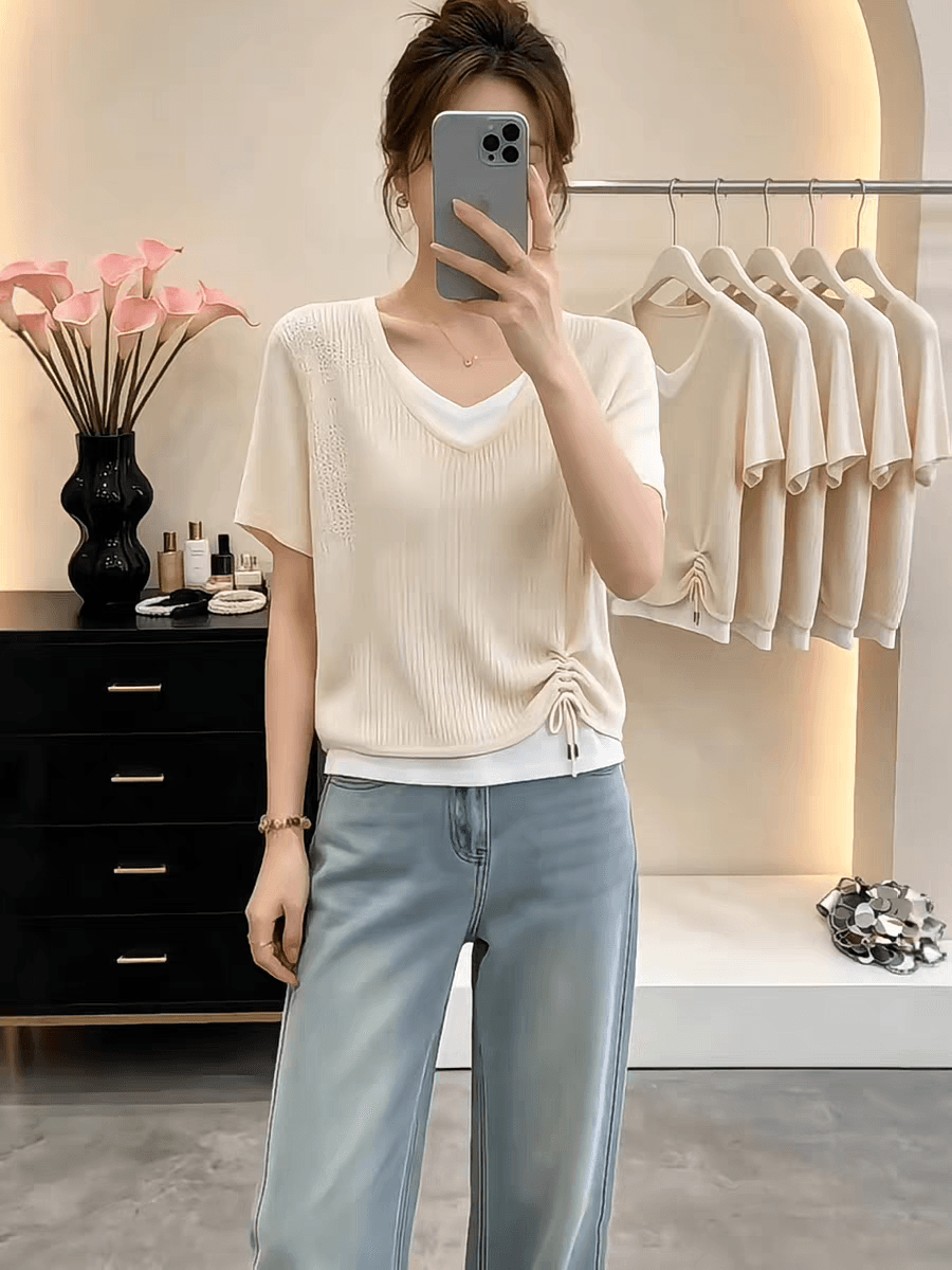 유럽 상품 페이크 레이어드 패치워크 반팔 티셔츠 여성 여름 2026 새로운 펌프 로프 허리 수축 슬림해 보이는 디자인 센스 맨위 상세 이미지 2