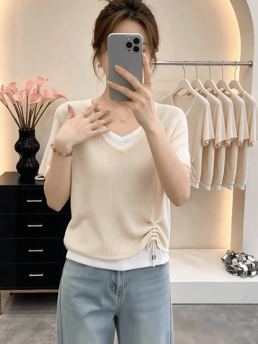 유럽 상품 페이크 레이어드 패치워크 반팔 티셔츠 여성 여름 2026 새로운 펌프 로프 허리 수축 슬림해 보이는 디자인 센스 맨위 상세 이미지 3