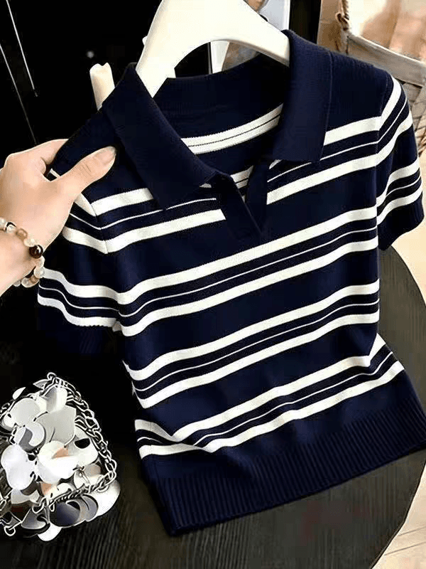 학원 스타일 스트라이프 POLO 칼라 니트 반팔 티셔츠 여성 여름 2026 새로운 작은 키 외국 가스 연령 감소 맨위 상세 이미지 1