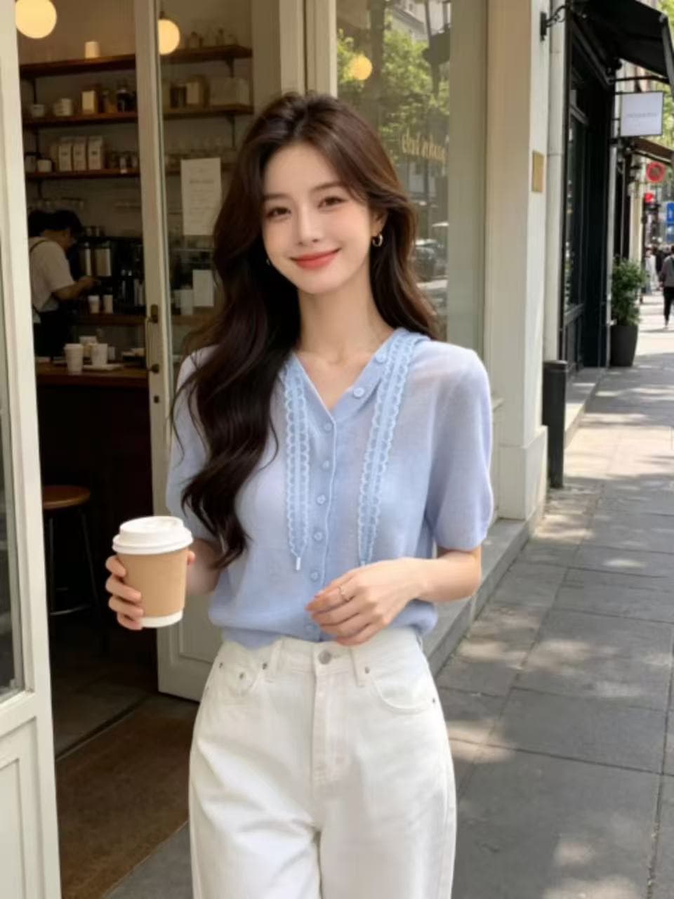 2026 여름 새로운 한 부서 도파민 연령 감소 반팔 니트 스웨터 고유 한 아름다운 슬림해 보이는 품격 다용도 맨위 상세 이미지 5