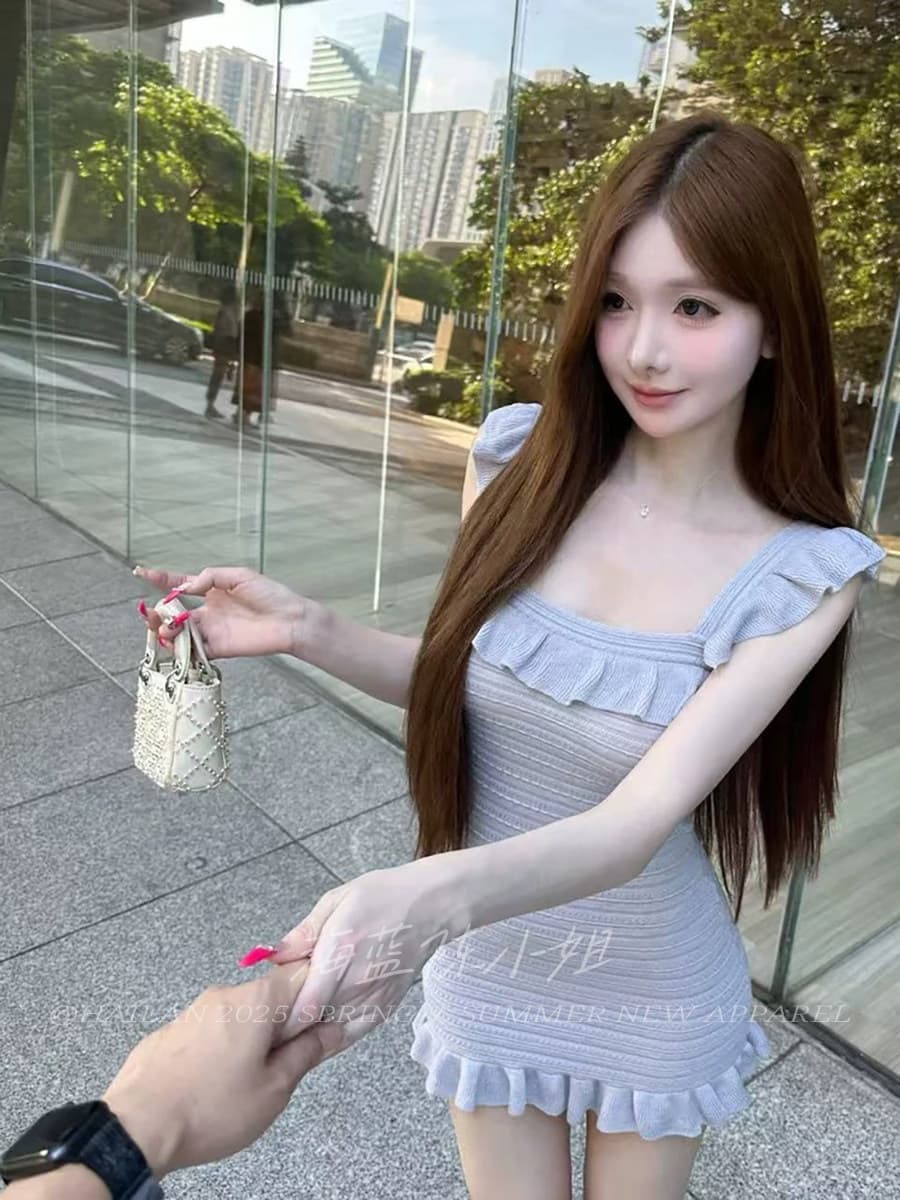 Jiaojiao 길다 달콤함 부드러운 바람 광장 칼라 여성 드레스 여름 디자인 센스 작은 대중 몸매 가꾸기 슬림해 보이는 타이트 스커트 미니 스커트 상세 이미지 1