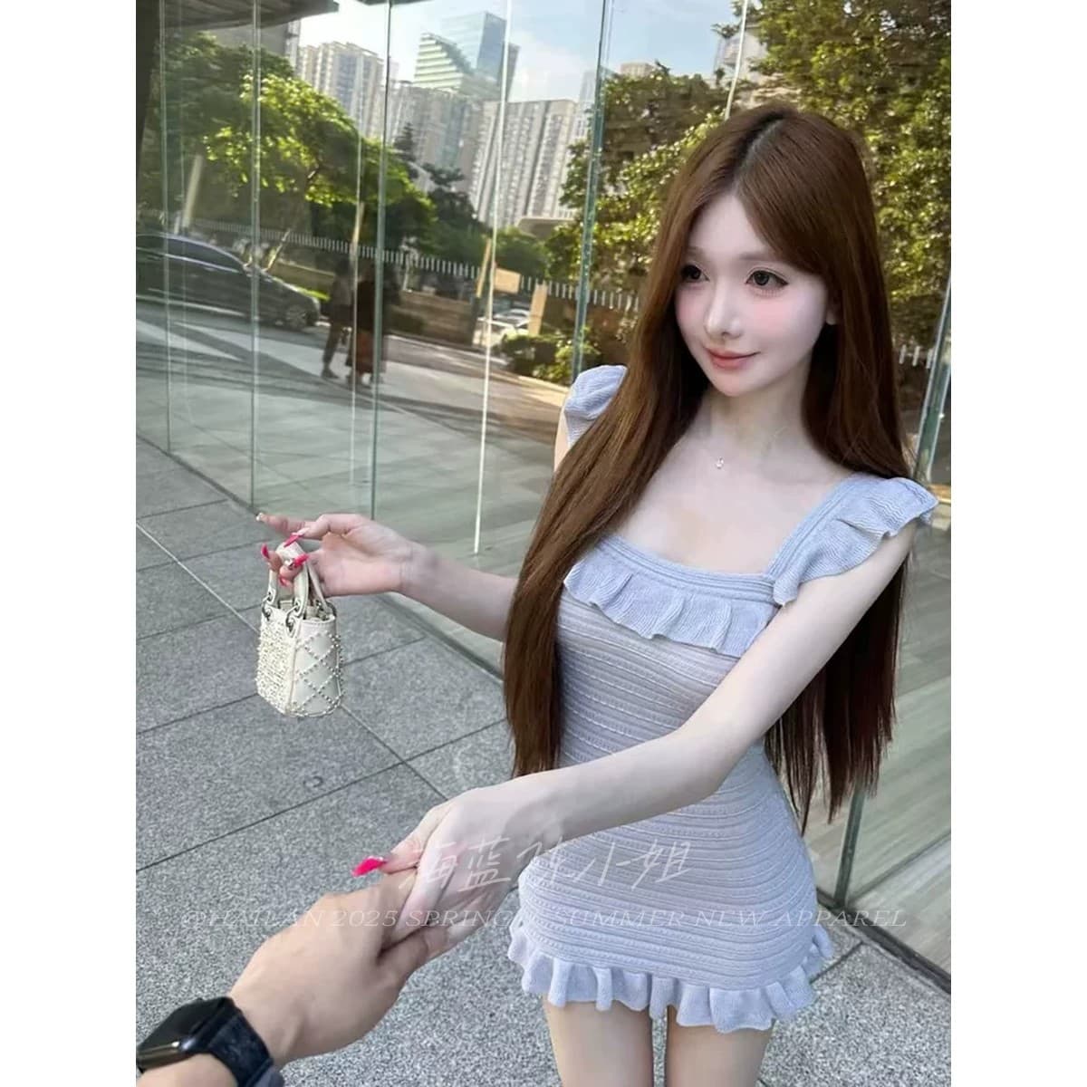 Jiaojiao 길다 달콤함 부드러운 바람 광장 칼라 여성 드레스 여름 디자인 센스 작은 대중 몸매 가꾸기 슬림해 보이는 타이트 스커트 미니 스커트 상세 이미지 2