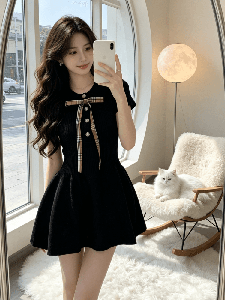 그는 벤 바람 POLO 칼라 허리 수축 니트 여성 드레스 여름 작은 키 나비 매듭 외국 가스 고급 센스 슬림해 보이는 미니 스커트 이미지 3