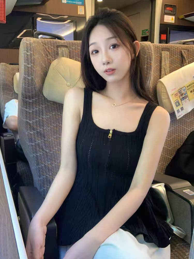 순수한 욕망 광장 칼라 더블 머리 지퍼 작은 치마 니트 조끼 여성 여름 새로운 고유 한 Chic 몸매 가꾸기 슬립 맨위 상세 이미지 5