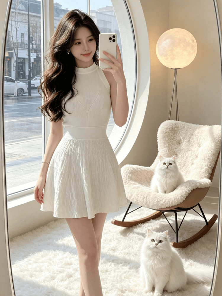 2026 년 순수한 흰색 사랑 행침 목 니트 여성 드레스 봄 여름 품격 고급 센스 몸매 가꾸기 허리 수축 치마 이미지 4
