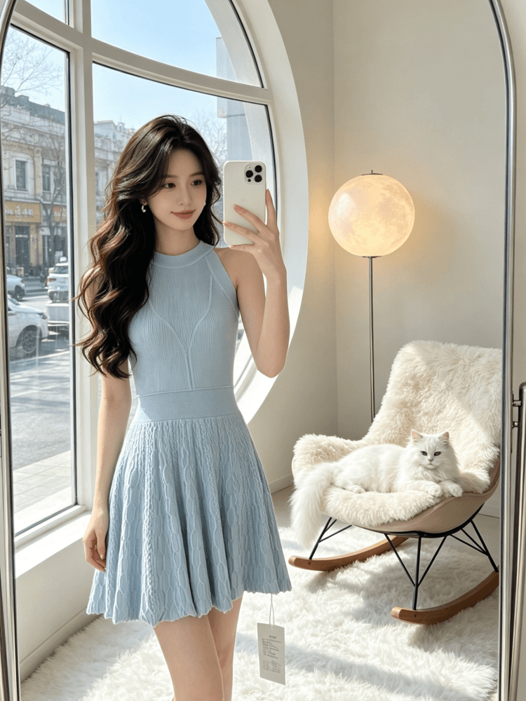 2026 년 순수한 흰색 사랑 행침 목 니트 여성 드레스 봄 여름 품격 고급 센스 몸매 가꾸기 허리 수축 치마 상세 이미지 1
