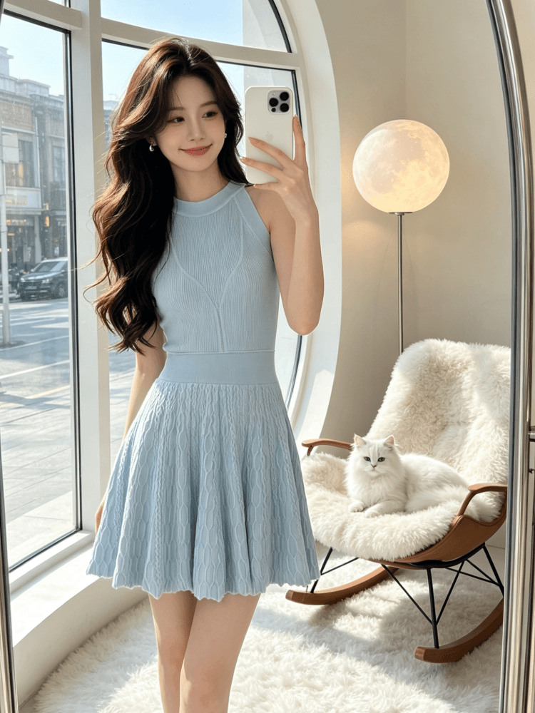 2026 년 순수한 흰색 사랑 행침 목 니트 여성 드레스 봄 여름 품격 고급 센스 몸매 가꾸기 허리 수축 치마 상세 이미지 3