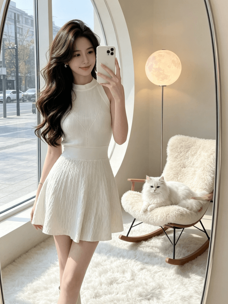 2026 년 순수한 흰색 사랑 행침 목 니트 여성 드레스 봄 여름 품격 고급 센스 몸매 가꾸기 허리 수축 치마 상세 이미지 6