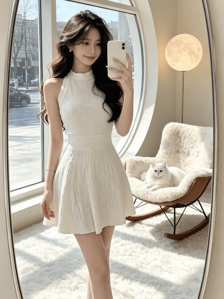 2026 년 순수한 흰색 사랑 행침 목 니트 여성 드레스 봄 여름 품격 고급 센스 몸매 가꾸기 허리 수축 치마 상세 이미지 9