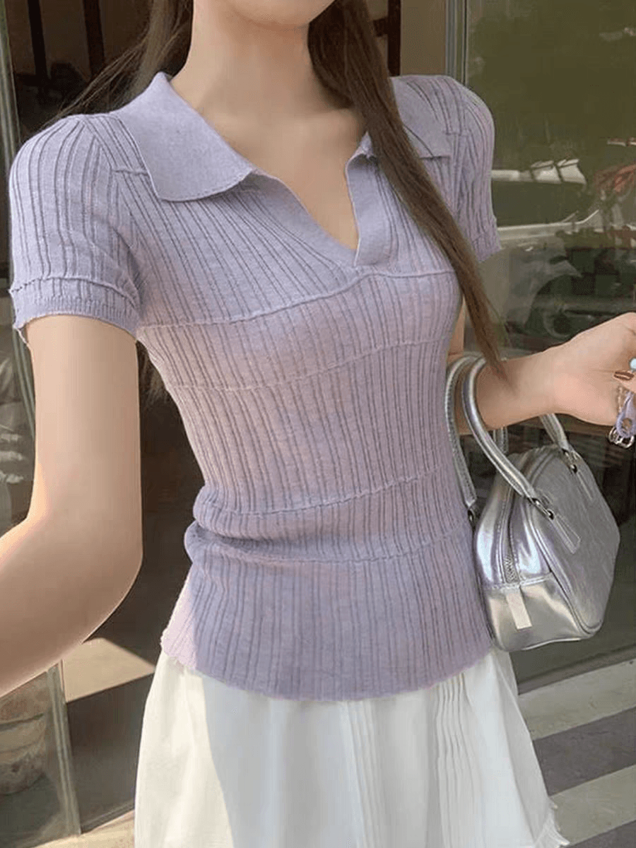 니트 반팔 티셔츠 2026 새로운 여름 Chic 인사이드 가져 가라. 기본 셔츠 여성 보라색 POLO 칼라 맨위 이미지 3