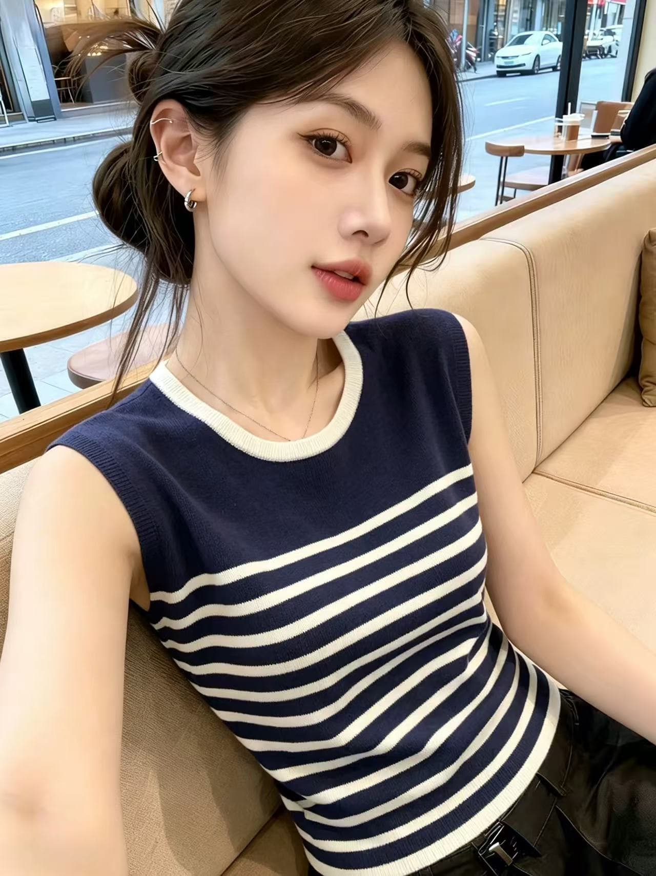 한 부서 라운드 넥 스트라이프 배색 조끼 니트 스웨터 여성 2026 여름 새로운 몸매 가꾸기 슬림해 보이는 외국 가스 연령 감소 맨위 상세 이미지 5