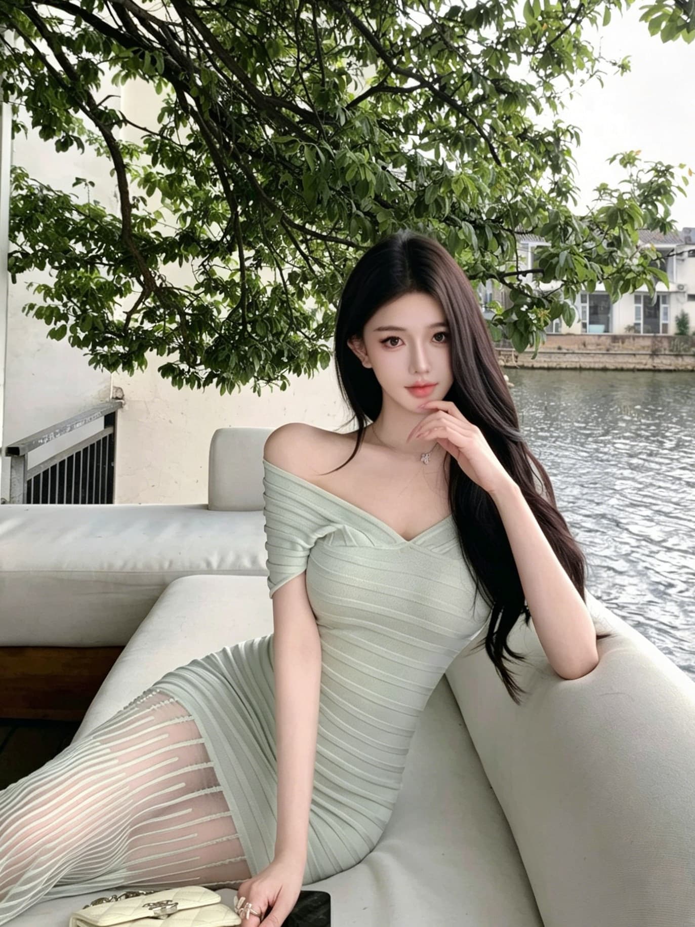프랑스식 오프숄더 V넥 몸매 가꾸기 타이트 스커트 녹색 점프 슈트 치마 섹시함 순수한 욕망 롱 스커트 휴가 바람 해변가 착용 가져 가라.