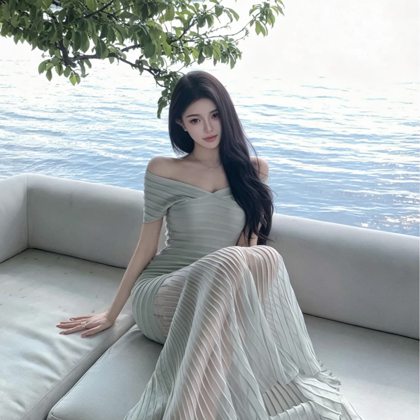 프랑스식 오프숄더 V넥 몸매 가꾸기 타이트 스커트 녹색 점프 슈트 치마 섹시함 순수한 욕망 롱 스커트 휴가 바람 해변가 착용 가져 가라. 이미지 5