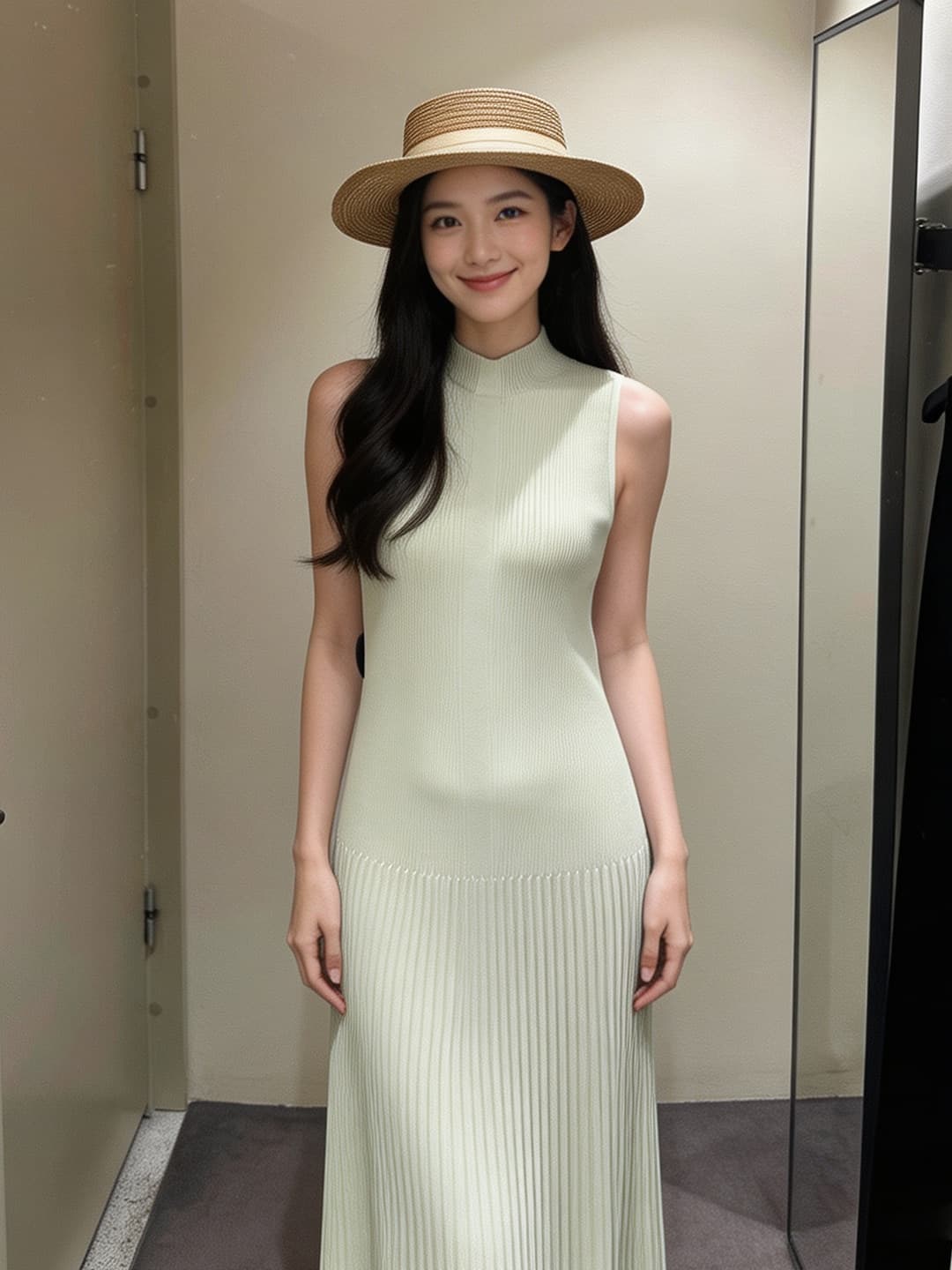 미니멀리즘 프랑스식 반하이넥 허리 수축 슬림해 보이는 여성 드레스 여름 밝은 녹색 색온도 부드러운 바람 민소매 품격 플리츠 롱 스커트 상세 이미지 3