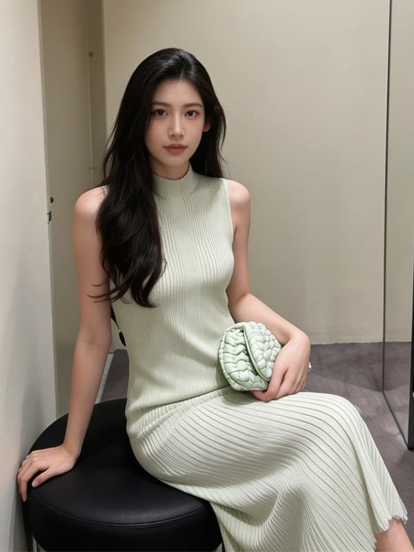 미니멀리즘 프랑스식 반하이넥 허리 수축 슬림해 보이는 여성 드레스 여름 밝은 녹색 색온도 부드러운 바람 민소매 품격 플리츠 롱 스커트 상세 이미지 4
