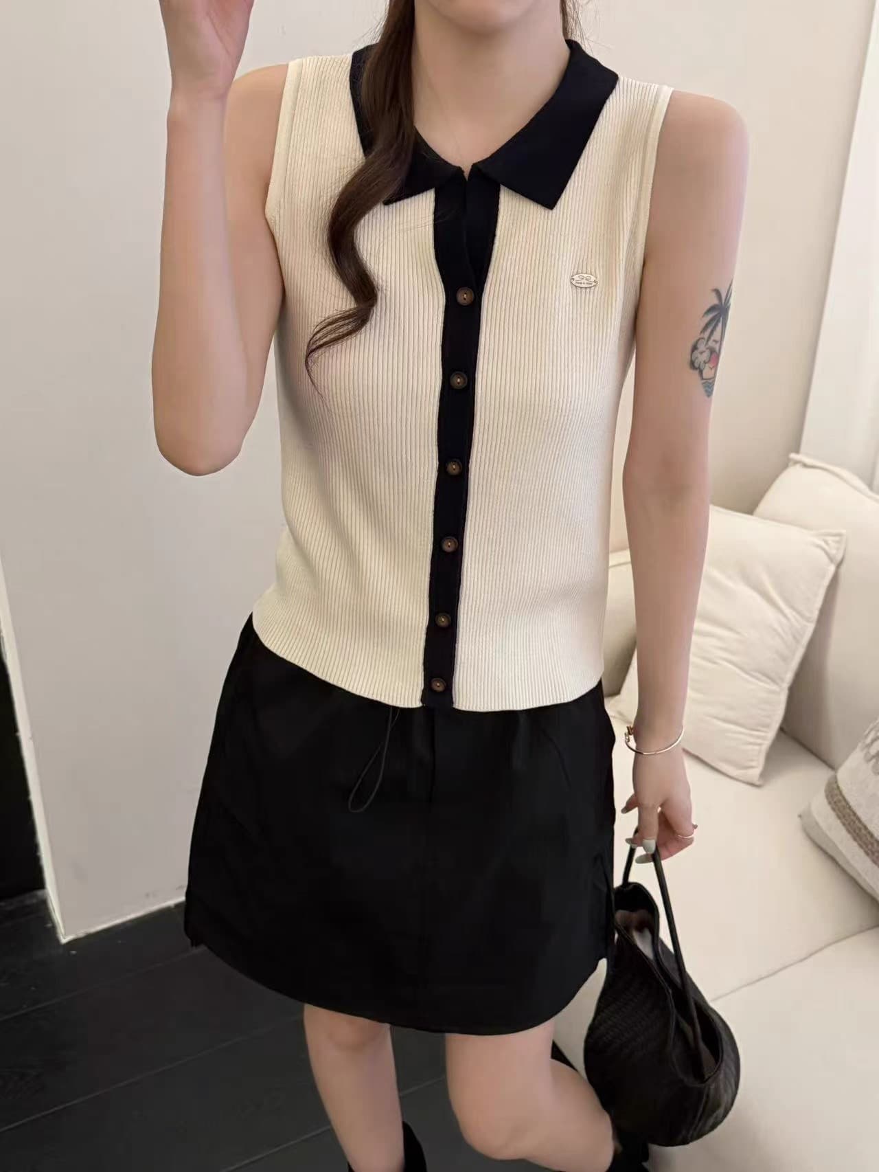 한 부서 오래된 돈 바람 배색 POLO 칼라 민소매 니트 조끼 여성 여름 싱글 줄 버튼 몸매 가꾸기 다용도 얇은 스타일 맨위 상세 이미지 5