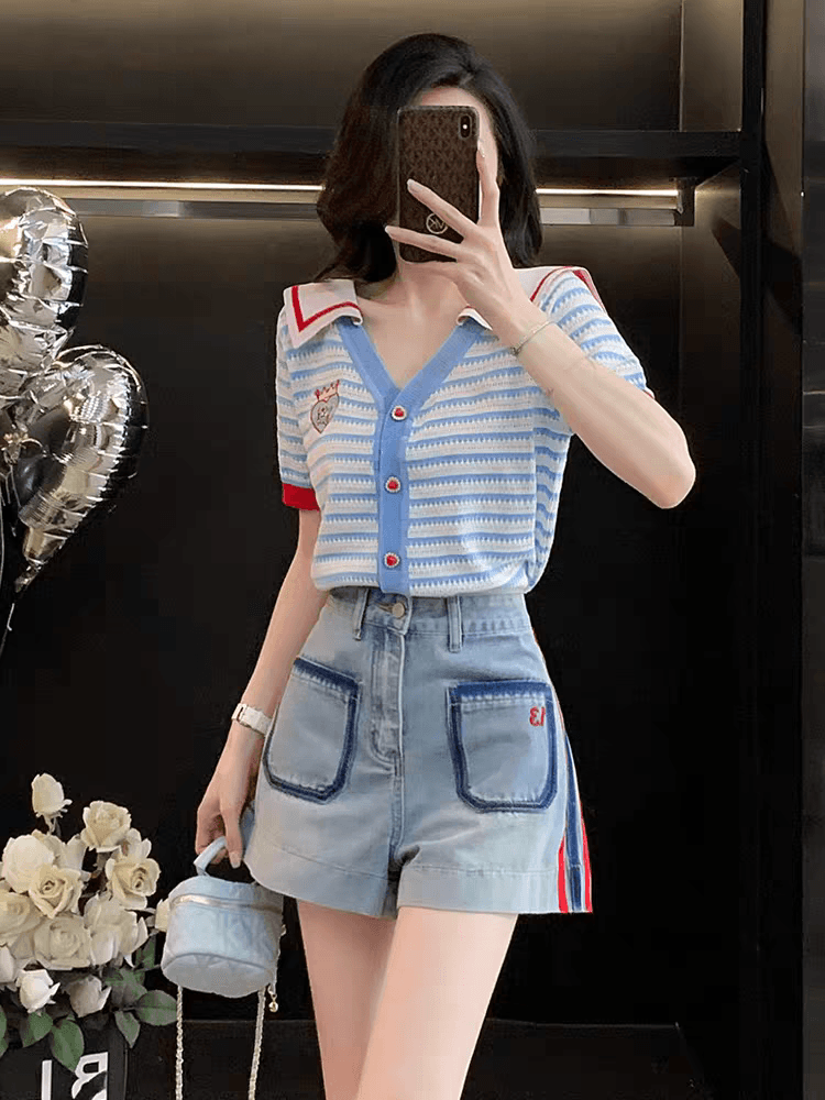 학원 스타일 패치워크 해군 칼라 스트라이프 니트 오픈 가디건 여성 여름 반팔 디자인 센스 작은 키 다용도 슬림해 보이는 맨위 이미지 4