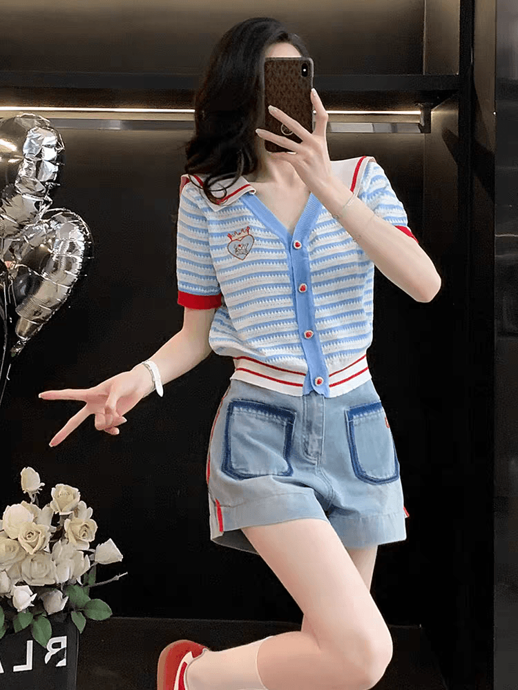 학원 스타일 패치워크 해군 칼라 스트라이프 니트 오픈 가디건 여성 여름 반팔 디자인 센스 작은 키 다용도 슬림해 보이는 맨위 이미지 3