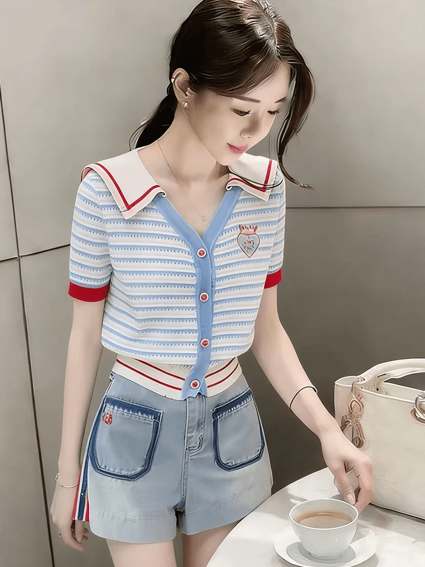 학원 스타일 패치워크 해군 칼라 스트라이프 니트 오픈 가디건 여성 여름 반팔 디자인 센스 작은 키 다용도 슬림해 보이는 맨위 상세 이미지 2